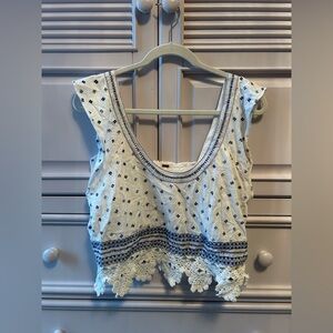 Free People White and Blue Embroidered Crop Top
